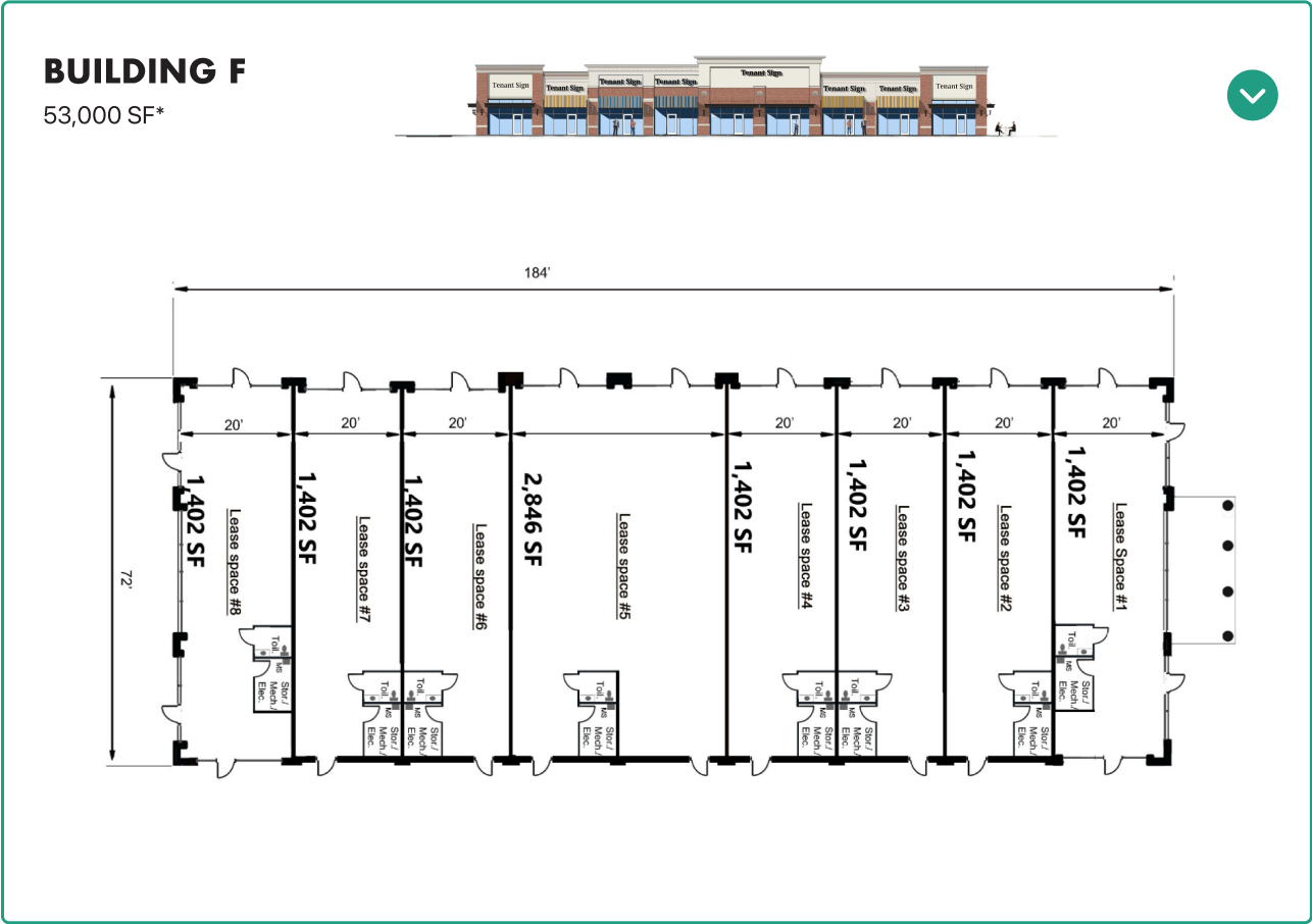 Building F — elevation and floor plan, lease spaces 1–8